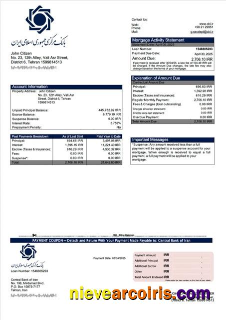 Iran Central Bank of Iran mortgage statement Word and PDF template